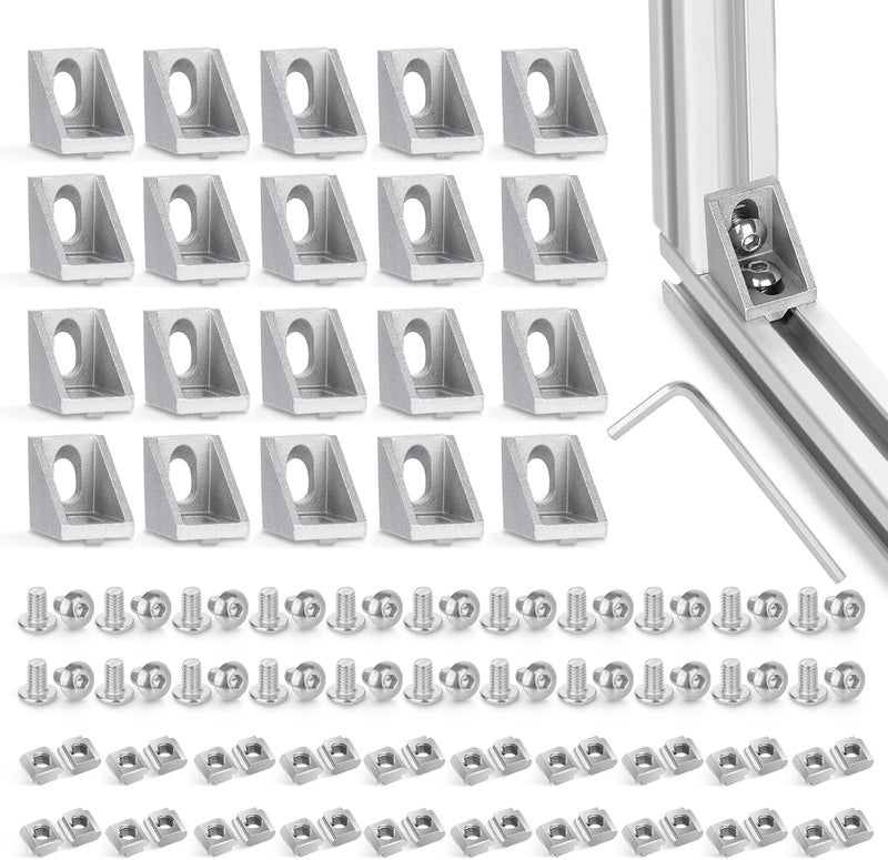 tchrules 20 Set Silver 2020 Series Aluminum Profile Connector Kit, 20pcs Corner Brackets with 40pcs M5 Screw Bolts and T Slide Nuts for 2020 Series Aluminum Profile Rail, T Slot Extrusion Accessories - Image 1